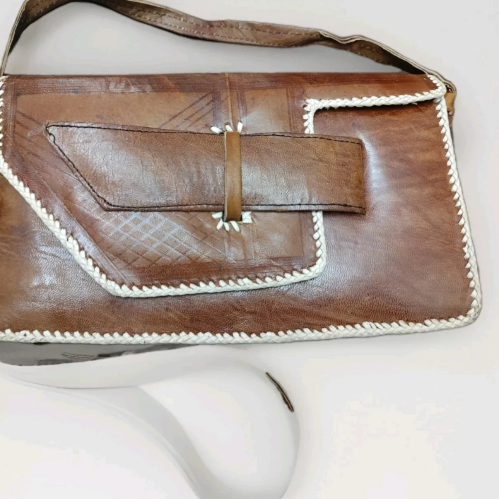 70's Handmade Leather Patchwork Clutch African Moroccan? Flap Closure X Body